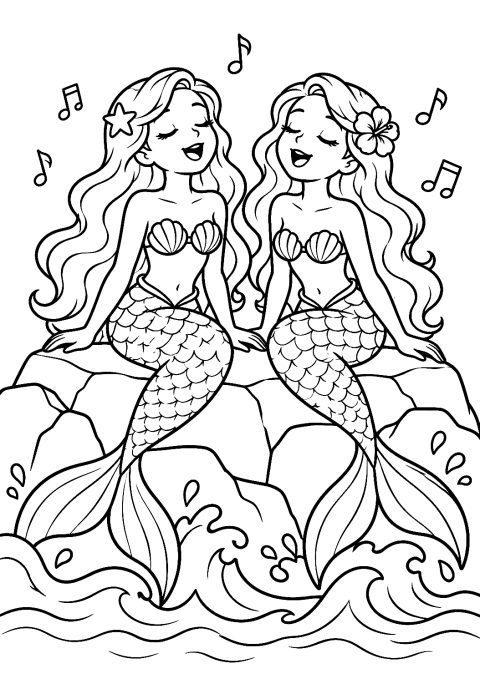 Two Mermaids Singing Together Coloring Page – printable coloring page