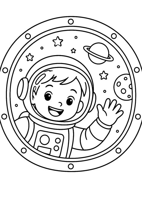 Astronaut mává z okna vesmírné lodi jako omalovánka – omalovánka k vytisknutí