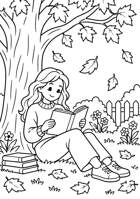 Author Reading in the Autumn Garden Under a Tree Coloring Page – printable coloring page