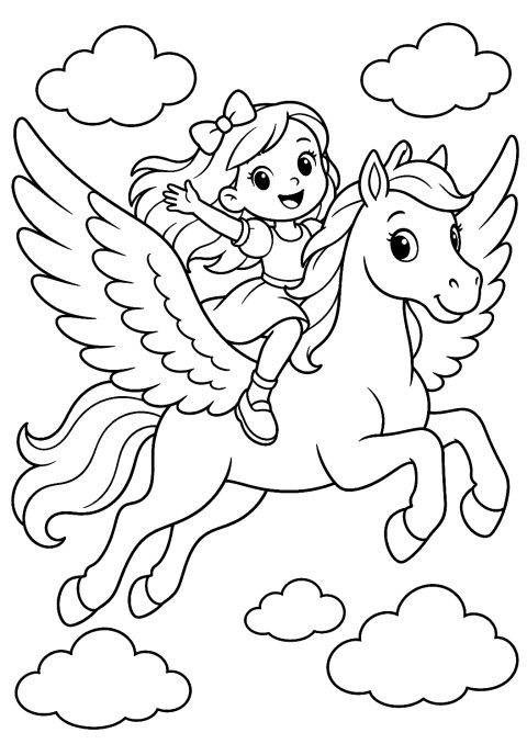Little Girl Riding a Pegasus Coloring Page – printable coloring page