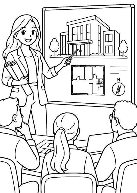 Arkitekt presenterar byggplan för teamet som målarbild – målarbild att skriva ut