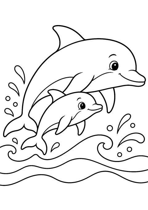 Bebé golfinho a nadar ao lado da sua mamã para colorir – desenho para colorir para imprimir