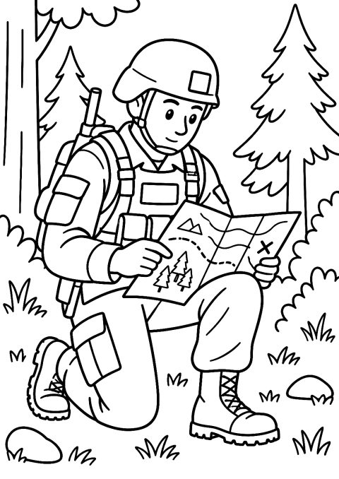 Солдат читает карту в лесу - раскраска – раскраска для печати