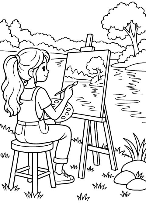 川辺で水彩画を描く女性アーティストのぬりえ – 印刷用ぬりえ