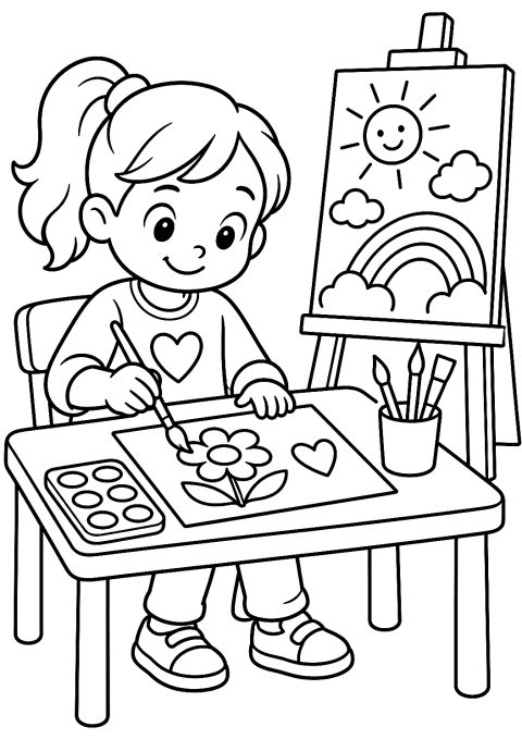 Child draws a picture for mom coloring page – printable coloring page