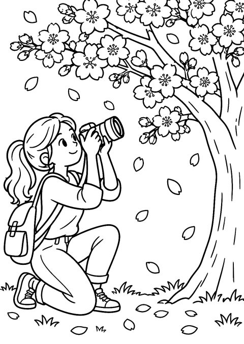 春の桜を撮影するカメラマンのぬりえ – 印刷用ぬりえ
