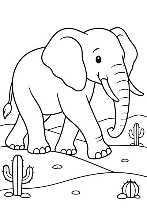 Éléphant en Balade dans le Désert à Colorier – coloriage à imprimer