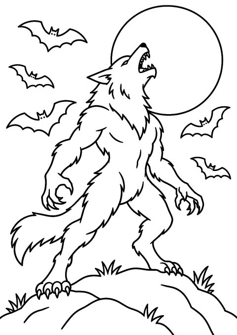 Loup-garou et chauves-souris à colorier – coloriage à imprimer