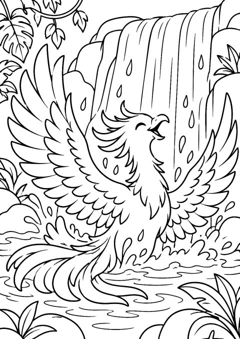 Fénix Bañándose en una Cascada para Colorear – dibujo para colorear e imprimir