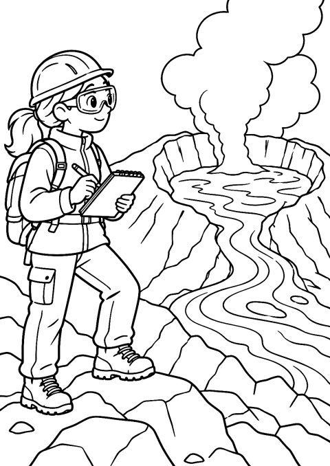Volcanologist at the Crater Watching the Lava Coloring Page – printable coloring page