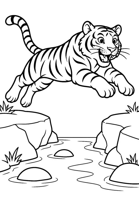 Tiger hoppar över en flod som målarbild – målarbild att skriva ut
