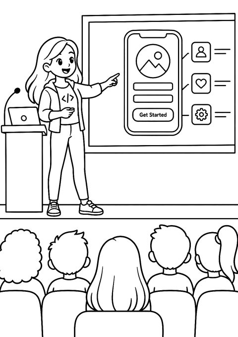 Programmør præsenterer app på konferencescenen som tegning til farvelægning – malebog til udskrivning
