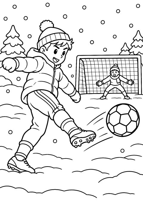 Jogador de Futebol a Rematar à Baliza na Neve para Colorir – desenho para colorir para imprimir