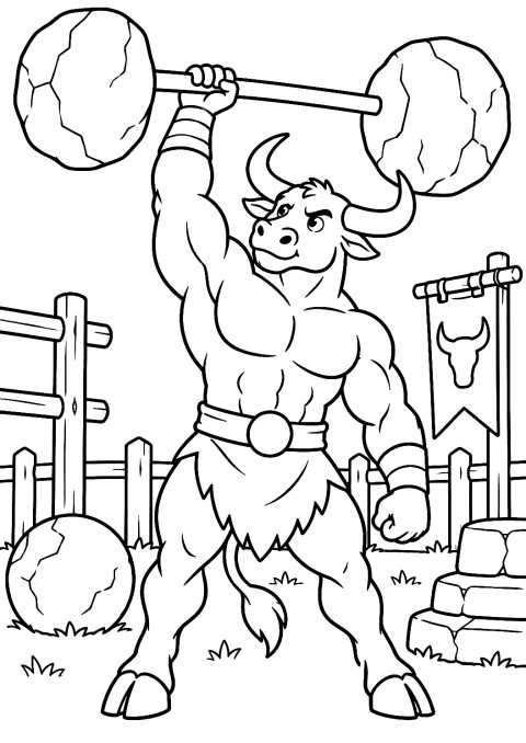 Minotaur Competing with Dumbbells Coloring Page – printable coloring page