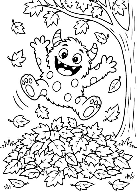 Monstre à queue en ballon en automne à colorier – coloriage à imprimer