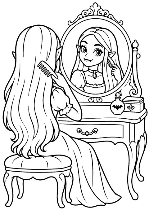 髪をとかす吸血鬼の女の子 ぬりえ – 印刷用ぬりえ