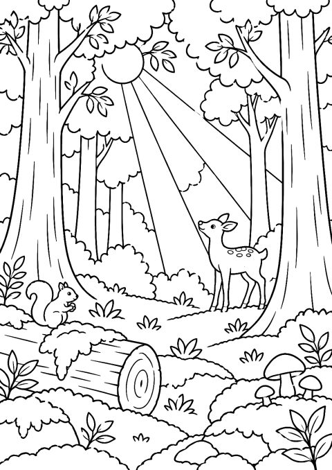 Sonnenstrahlen durch den Wald als Malvorlage – Ausmalbild zum Ausdrucken
