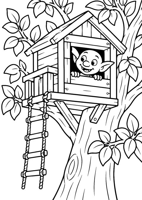 Goblin in de boomhut als kleurplaat – kleurplaat om af te drukken
