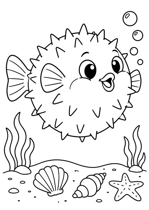 Pufferfish Over Seashells Coloring Page – printable coloring page