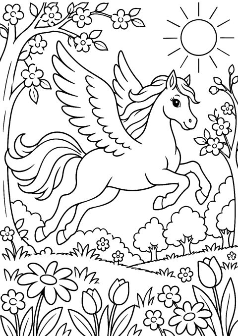 Pegasus springt over een open plek in de lente als kleurplaat – kleurplaat om af te drukken