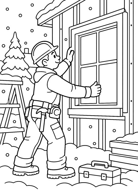Página para Colorear de un Albañil Instalando una Ventana en Invierno – dibujo para colorear e imprimir