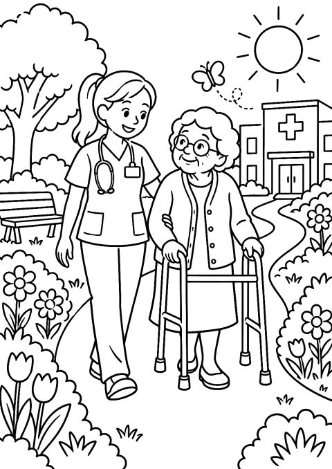 Nurse in the Hospital Garden with Patients Coloring Page – printable coloring page