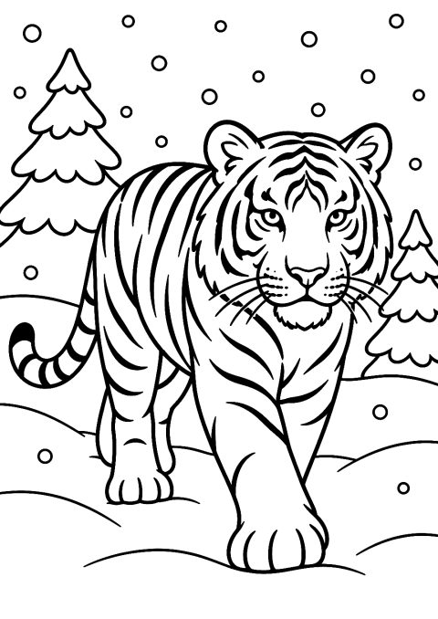 Tiger i snön som målarbild – målarbild att skriva ut