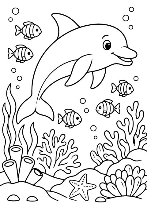 Delfino che Nuota tra una Barriera Corallina da Colorare – disegno da colorare da stampare
