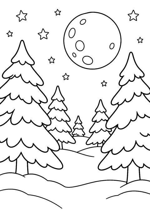 Luna sobre el bosque invernal para colorear – dibujo para colorear e imprimir