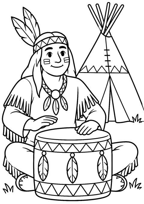 Página para colorear de indio tocando el tambor – dibujo para colorear e imprimir