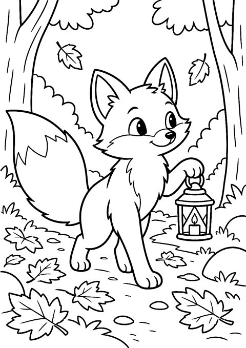Zorro con Linterna en el Bosque de Otoño para Colorear – dibujo para colorear e imprimir