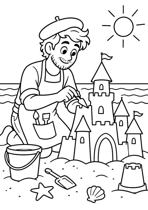 Artista Modelando un Castillo de Arena en la Playa para Colorear – dibujo para colorear e imprimir