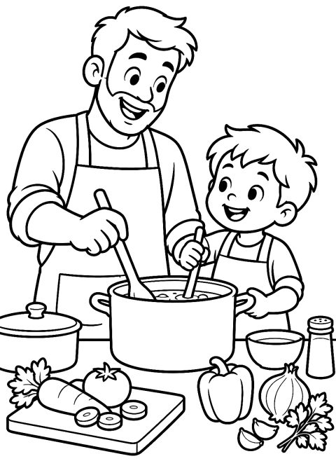 Pai e Filho a Cozinhar na Cozinha para Colorir – desenho para colorir para imprimir