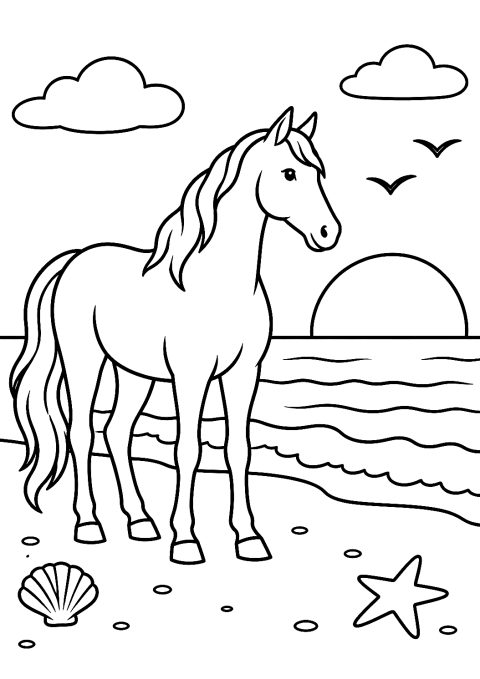Caballo en la Playa al Atardecer para Colorear – dibujo para colorear e imprimir