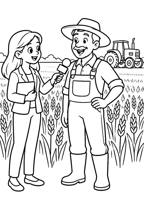 Reporter Interviewing a Farmer in the Field Coloring Page – printable coloring page
