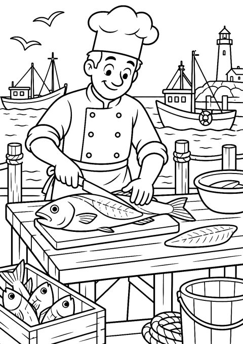 Cuisinier filetant du poisson au port à colorier – coloriage à imprimer