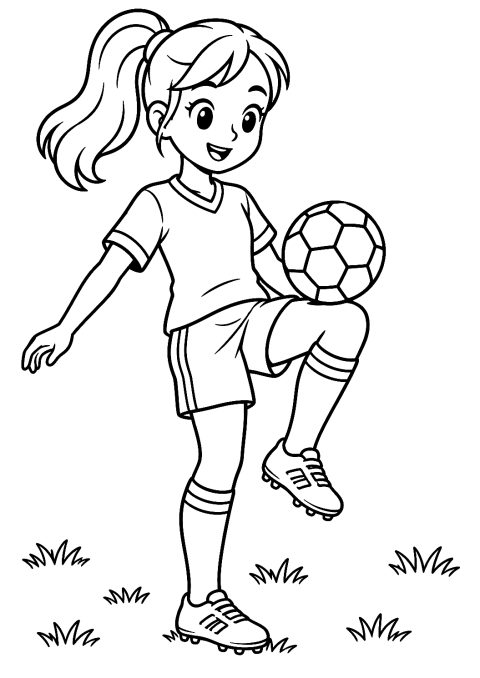 Footballeuse jonglant avec le ballon à colorier – coloriage à imprimer