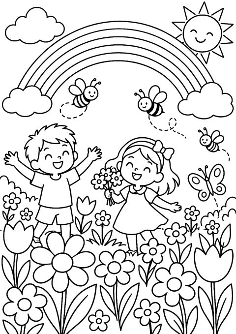 Arc-en-ciel au-dessus de la prairie fleurie à colorier – coloriage à imprimer