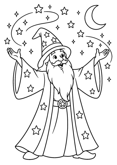 Wizard Conjures Sparkling Stars Coloring Page – printable coloring page