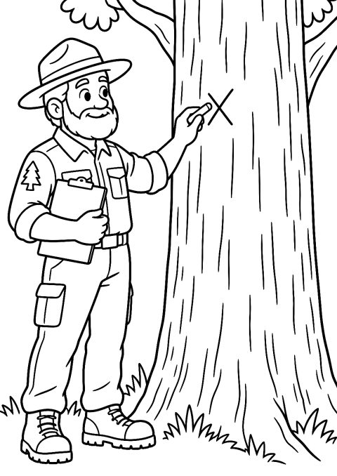Guardaboschi che segna gli alberi col gesso da colorare – disegno da colorare da stampare