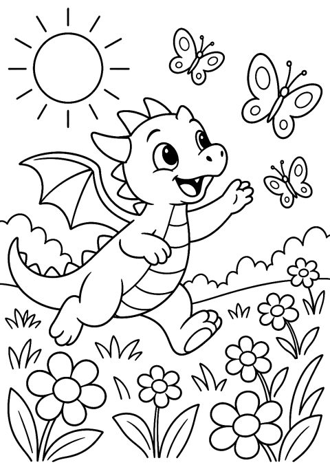 Kleiner Drache spielt mit Schmetterlingen als Malvorlage – Ausmalbild zum Ausdrucken