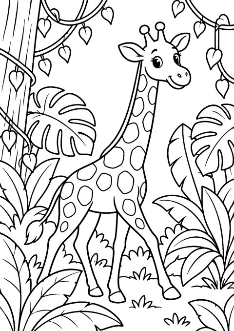 Girafe dans la Forêt Tropicale entre de Grandes Feuilles à Colorier – coloriage à imprimer