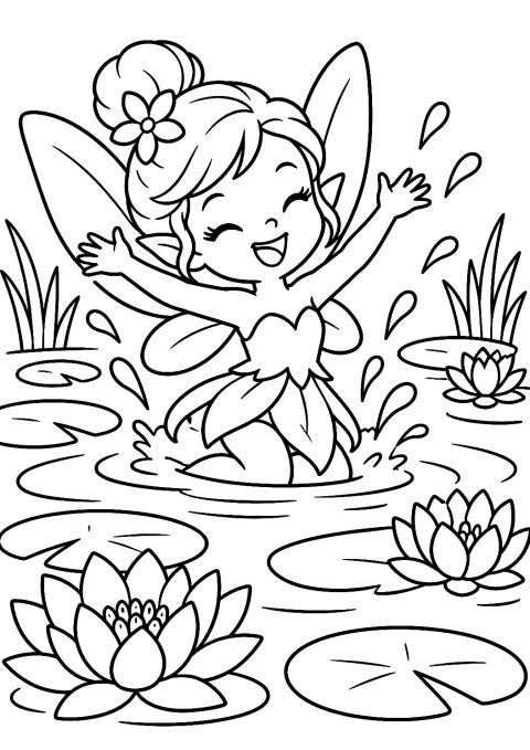 Fairy Bathing in the Water Lily Pond Coloring Page – printable coloring page