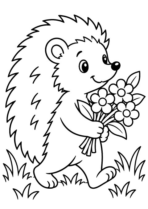 Igelkott med blombukett som målarbild – målarbild att skriva ut