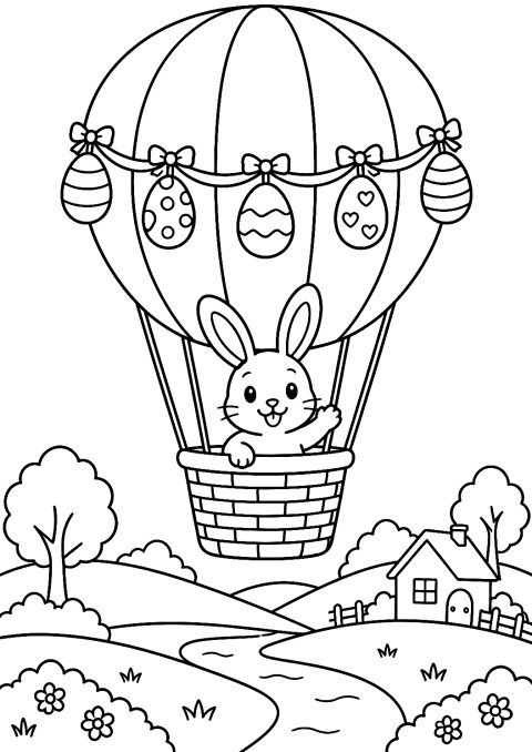 Osterhase im Freiballon als Malvorlage – Ausmalbild zum Ausdrucken