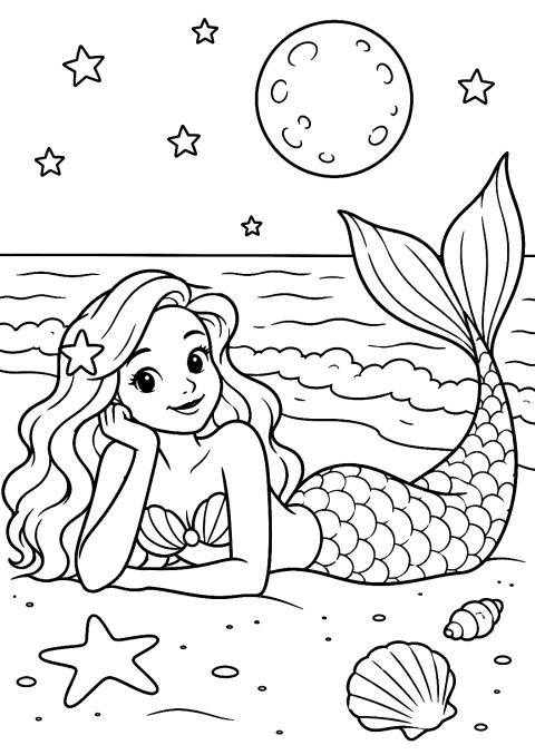 Sirene am Strand im Mondlicht als Malvorlage – Ausmalbild zum Ausdrucken