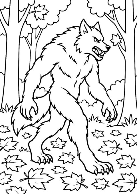 秋の森のオオカミ男のぬりえ – 印刷用ぬりえ