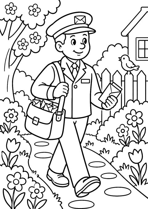 Postino in Primavera tra Giardini Fioriti da Colorare – disegno da colorare da stampare