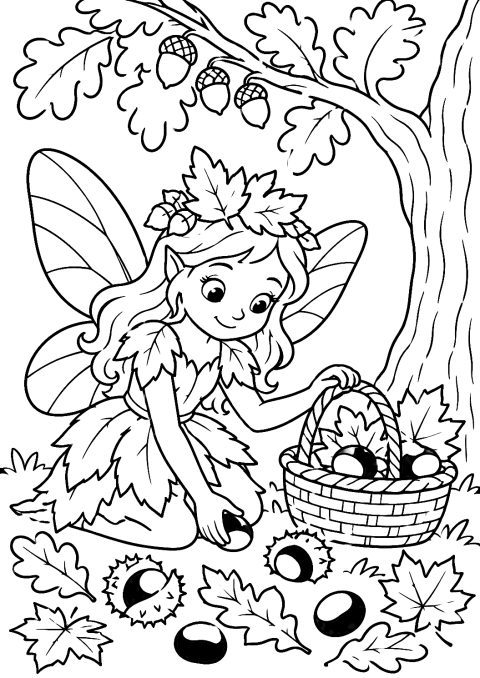 Página para colorear: Hada del otoño con castañas – dibujo para colorear e imprimir