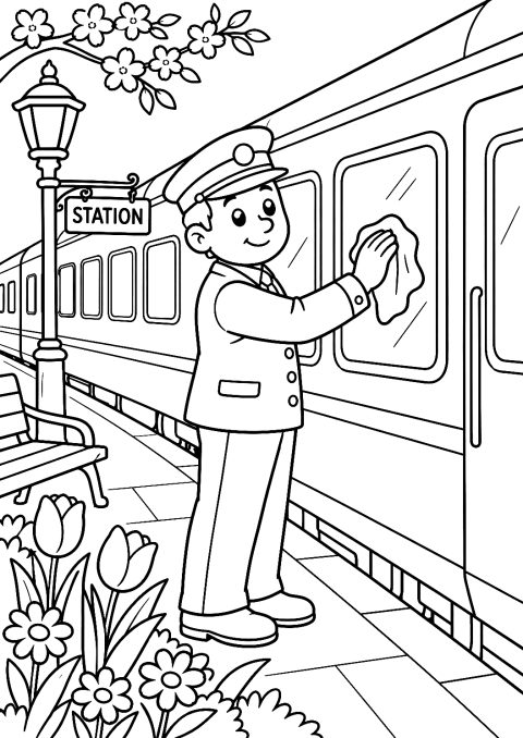 Le Chef de Train Fait le Grand Nettoyage de Printemps du Train à Colorier – coloriage à imprimer